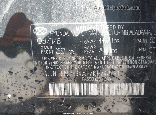 5NPE34AF7KH748791 2019 HYUNDAI SONATA Black ძრავის განყოფილების ხედი