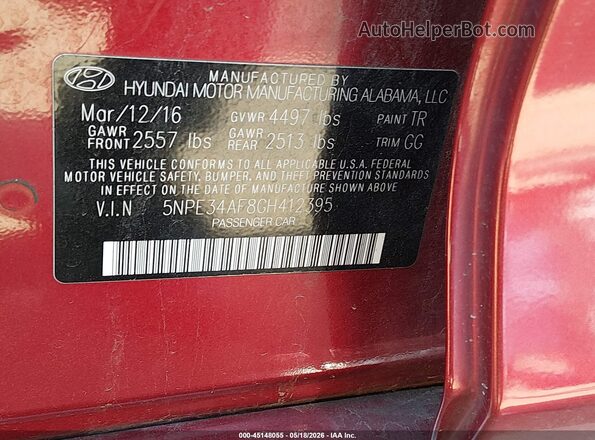 5NPE34AF8GH412395 2016 HYUNDAI SONATA Red Շարժիչի բաժամունքի տեսք
