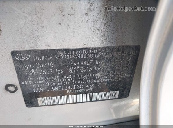 5NPE34AF8GH434171 2016 HYUNDAI SONATA Silver Engine compartment view
