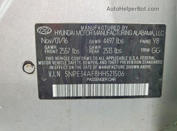 5NPE34AF8HH521506 2017 HYUNDAI SONATA Silver 
