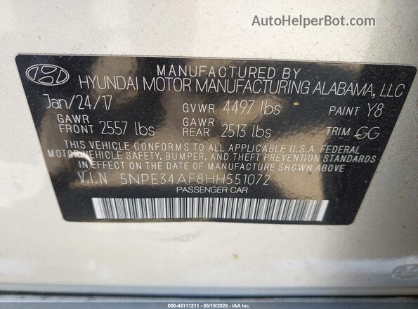 5NPE34AF8HH551072 2017 HYUNDAI SONATA Silver ძრავის განყოფილების ხედი