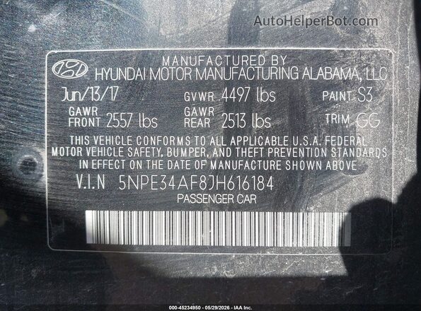 5NPE34AF8JH616184 2018 HYUNDAI SONATA Black ძრავის განყოფილების ხედი