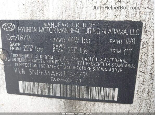 5NPE34AF8JH661755 2018 HYUNDAI SONATA White Vista del compartimento del motor
