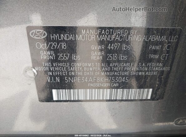 5NPE34AF8KH753045 2019 HYUNDAI SONATA Gray Engine compartment view