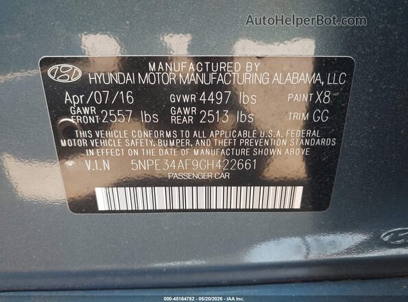 5NPE34AF9GH422661 2016 HYUNDAI SONATA Gray 