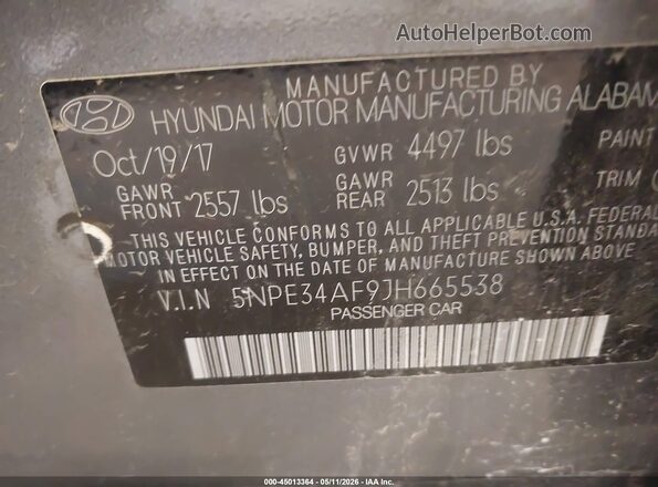 5NPE34AF9JH665538 2018 HYUNDAI SONATA Gray Engine compartment view