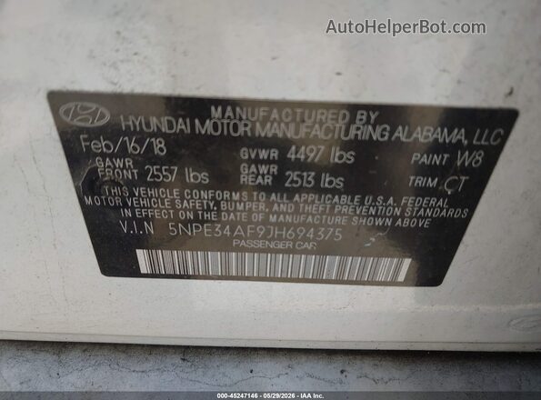 5NPE34AF9JH694375 2018 HYUNDAI SONATA White Widok komory silnika