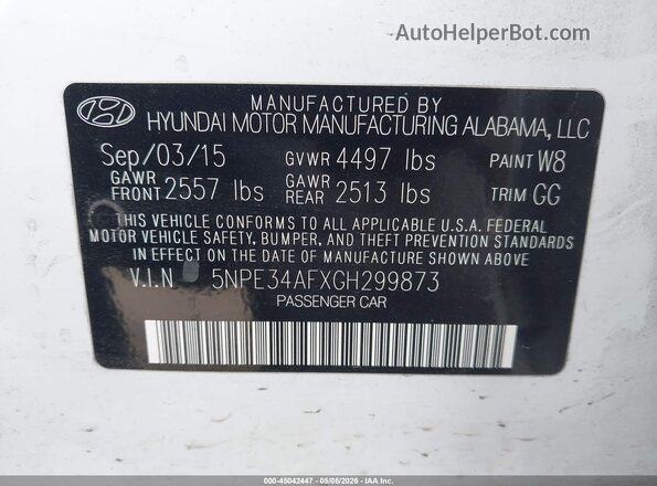 5NPE34AFXGH299873 2016 HYUNDAI SONATA White ძრავის განყოფილების ხედი