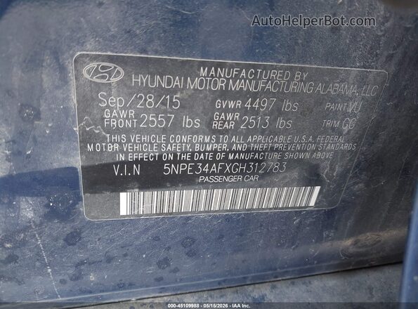 5NPE34AFXGH312783 2016 HYUNDAI SONATA Blue Vista del compartimento del motor
