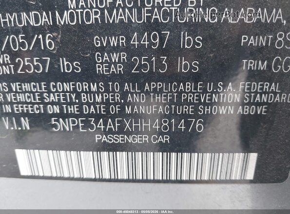 5NPE34AFXHH481476 2017 HYUNDAI SONATA Серебряный Вид подкапотного пространства