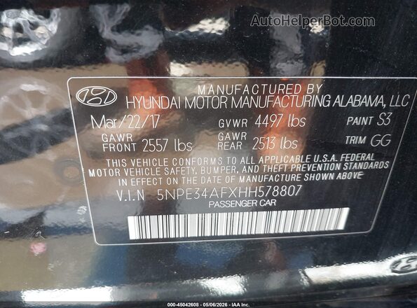 5NPE34AFXHH578807 2017 HYUNDAI SONATA Black Vista del compartimento del motor