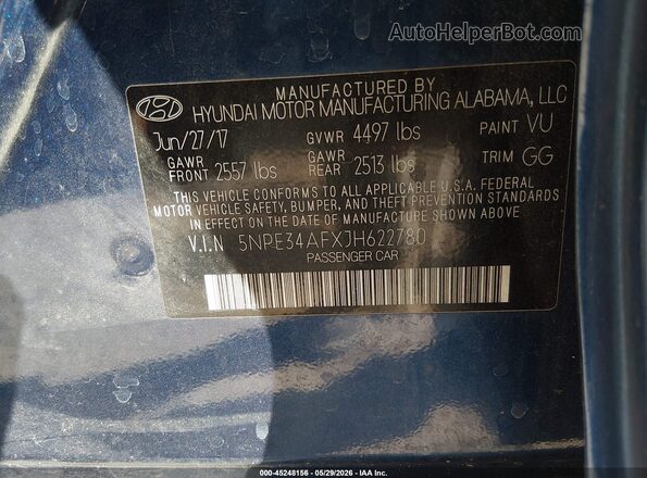 5NPE34AFXJH622780 2018 HYUNDAI SONATA Blue Widok komory silnika