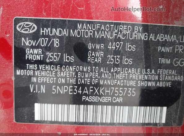5NPE34AFXKH755735 2019 HYUNDAI SONATA Red ძრავის განყოფილების ხედი