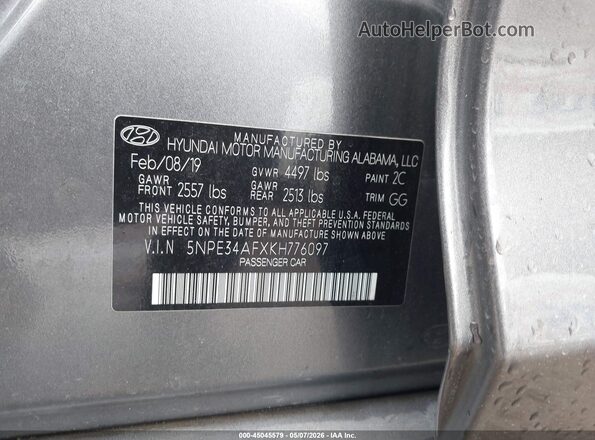 5NPE34AFXKH776097 2019 HYUNDAI SONATA Gray 