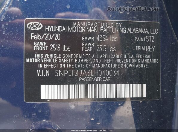 5NPEF4JA3LH040034 2020 HYUNDAI SONATA Blue 