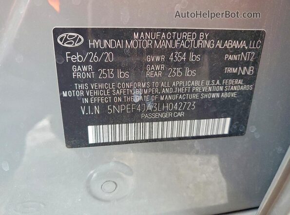 5NPEF4JA3LH042723 2020 HYUNDAI SONATA Gray Widok komory silnika