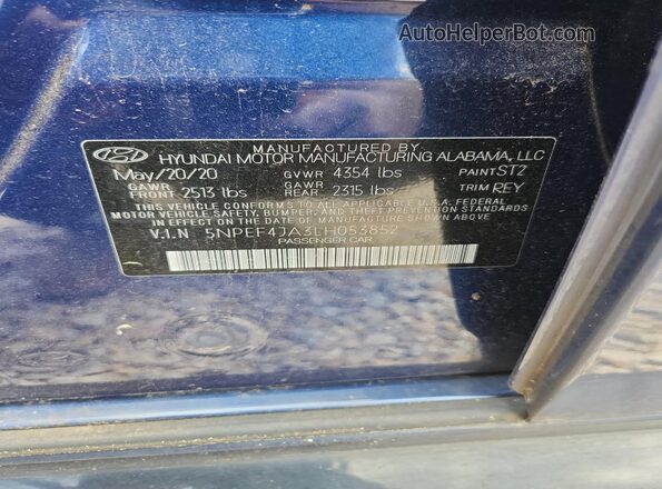 5NPEF4JA3LH053852 2020 HYUNDAI SONATA Blue 