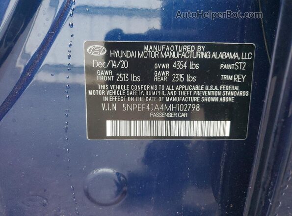 5NPEF4JA4MH102798 2021 HYUNDAI SONATA Синий 