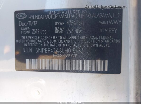 5NPEF4JA8LH015453 2020 HYUNDAI SONATA White Շարժիչի բաժամունքի տեսք