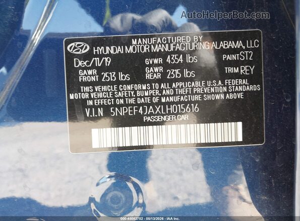 5NPEF4JAXLH015616 2020 HYUNDAI SONATA Blue 
