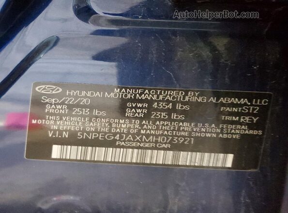 5NPEG4JAXMH073921 2021 HYUNDAI SONATA Blue Engine compartment view