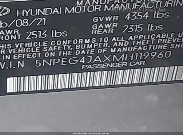 5NPEG4JAXMH119960 2021 HYUNDAI SONATA Silver 