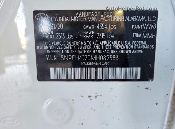 5NPEH4J20MH089583 2021 HYUNDAI SONATA White 