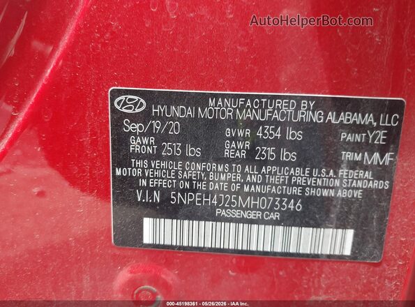 5NPEH4J25MH073346 2021 HYUNDAI SONATA Red 