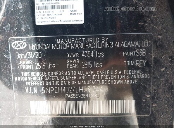 5NPEH4J27LH031744 2020 HYUNDAI SONATA Черный 