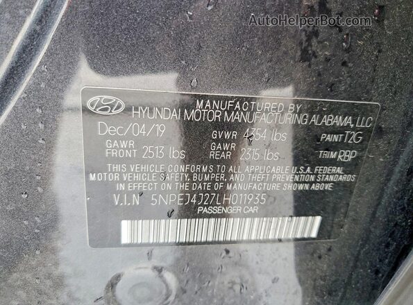 5NPEJ4J27LH011935 2020 HYUNDAI SONATA Charcoal ძრავის განყოფილების ხედი