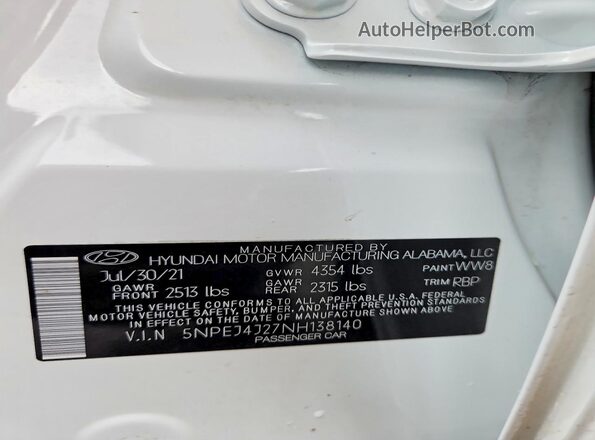 5NPEJ4J27NH138140 2022 HYUNDAI SONATA White VIN կոդի պիտակի տեսք
