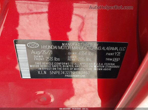5NPEJ4J27NH140650 2022 HYUNDAI SONATA Red Vista del compartimento del motor