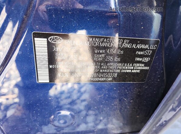 5NPEJ4J28NH150278 2022 HYUNDAI SONATA Blue Vista del compartimento del motor