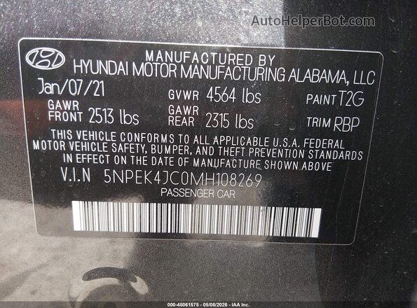 5NPEK4JC0MH108269 2021 HYUNDAI SONATA Gray Вид підкапотного простору