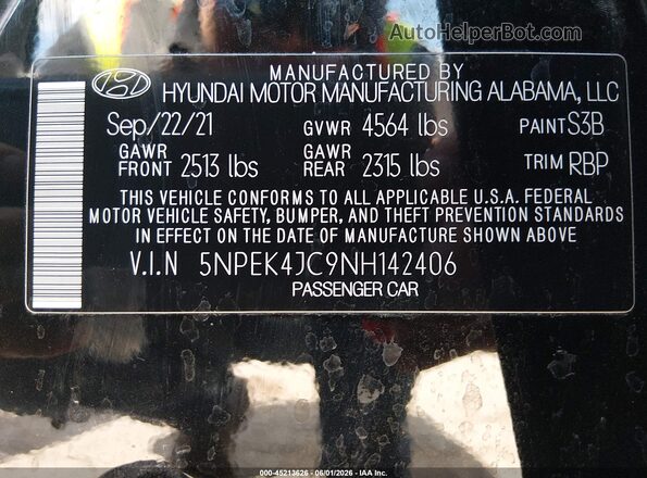 5NPEK4JC9NH142406 2022 HYUNDAI SONATA Black Widok komory silnika
