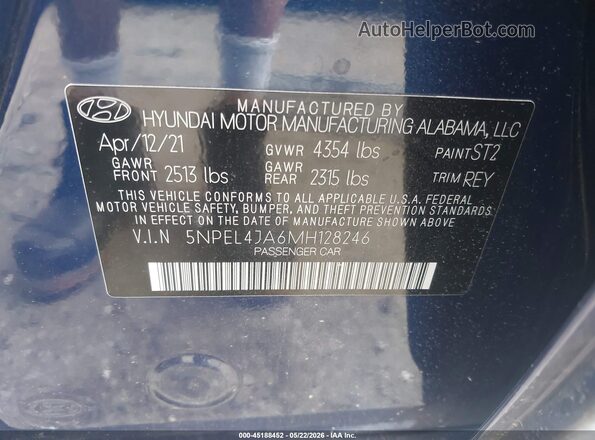 5NPEL4JA6MH128246 2021 HYUNDAI SONATA Blue Widok komory silnika