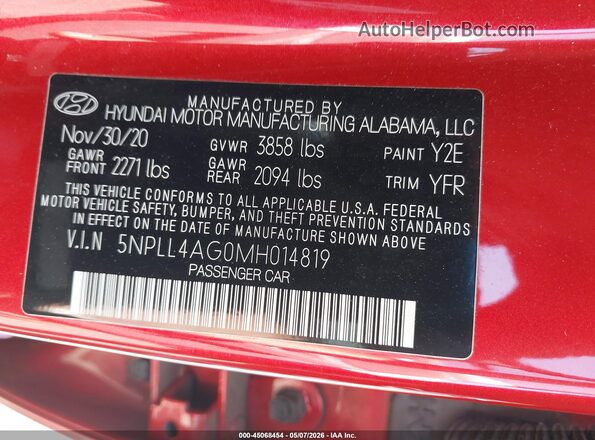 5NPLL4AG0MH014819 2021 HYUNDAI ELANTRA Red Widok komory silnika