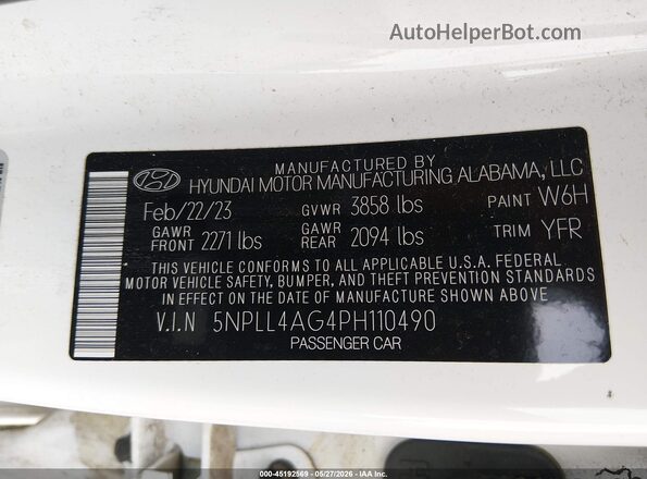 5NPLL4AG4PH110490 2023 HYUNDAI ELANTRA White Widok komory silnika
