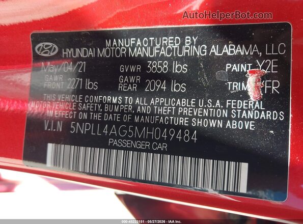 5NPLL4AG5MH049484 2021 HYUNDAI ELANTRA Red Вид підкапотного простору