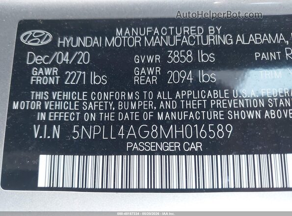 5NPLL4AG8MH016589 2021 HYUNDAI ELANTRA Silver Widok komory silnika