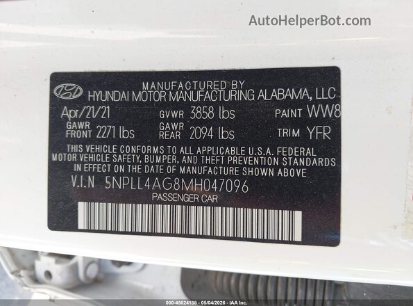 5NPLL4AG8MH047096 2021 HYUNDAI ELANTRA Белый Вид подкапотного пространства
