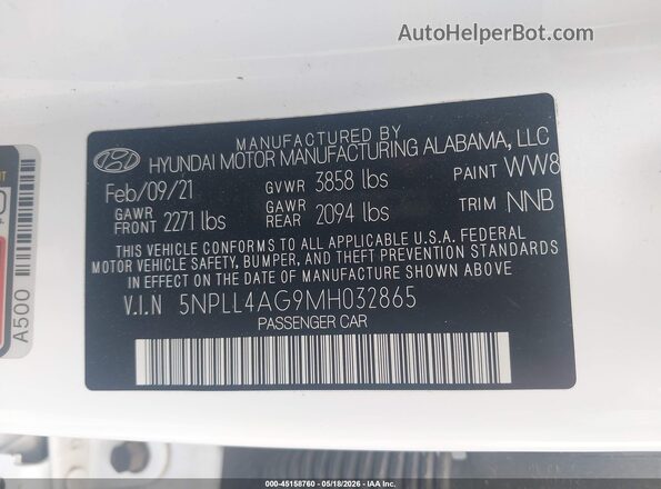 5NPLL4AG9MH032865 2021 HYUNDAI ELANTRA White Вид підкапотного простору