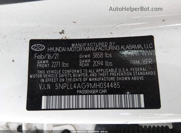 5NPLL4AG9MH034485 2021 HYUNDAI ELANTRA White Vista del compartimento del motor