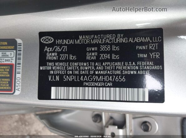 5NPLL4AG9MH047656 2021 HYUNDAI ELANTRA Silver Widok komory silnika