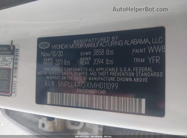 5NPLL4AGXMH011099 2021 HYUNDAI ELANTRA White Շարժիչի բաժամունքի տեսք
