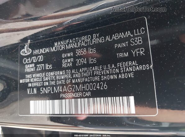 5NPLM4AG2MH002426 2021 HYUNDAI ELANTRA Черный Вид подкапотного пространства
