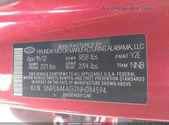 5NPLM4AG2NH084594 2022 HYUNDAI ELANTRA Red Widok komory silnika