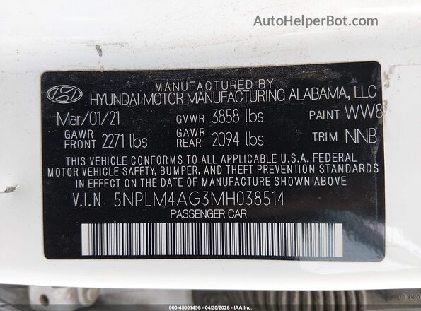5NPLM4AG3MH038514 2021 HYUNDAI ELANTRA White 
