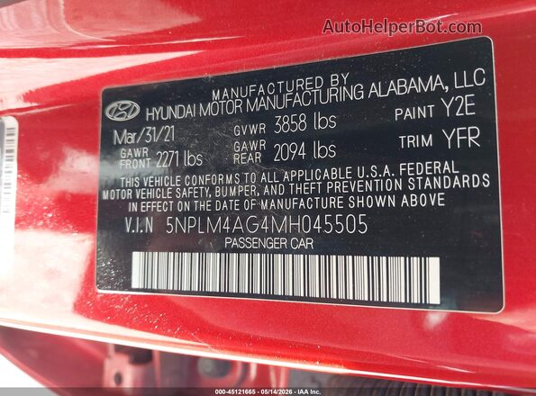 5NPLM4AG4MH045505 2021 HYUNDAI ELANTRA Red Engine compartment view