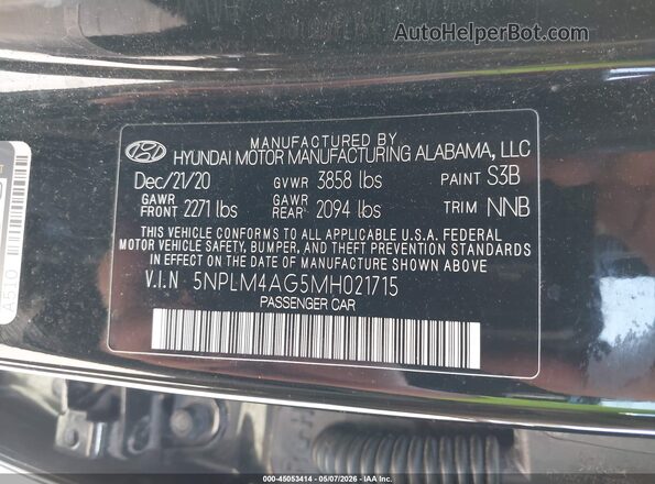 5NPLM4AG5MH021715 2021 HYUNDAI ELANTRA Black Вид підкапотного простору
